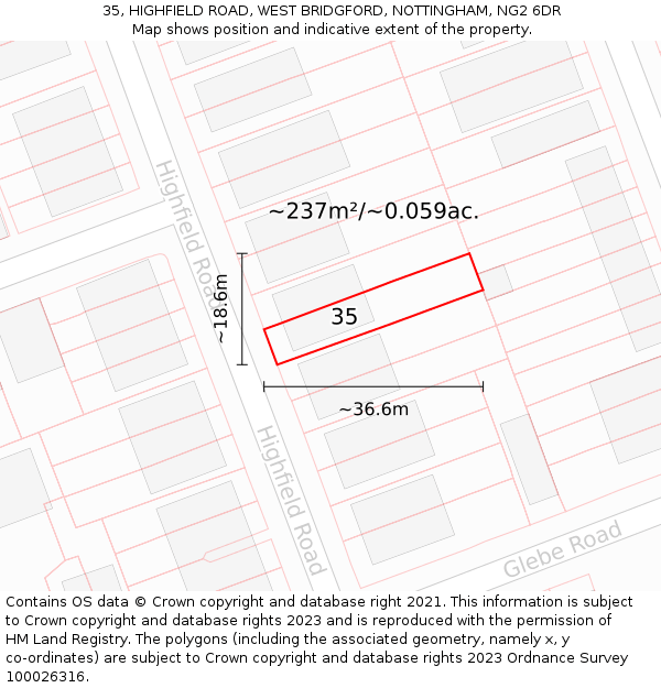 35, HIGHFIELD ROAD, WEST BRIDGFORD, NOTTINGHAM, NG2 6DR: Plot and title map