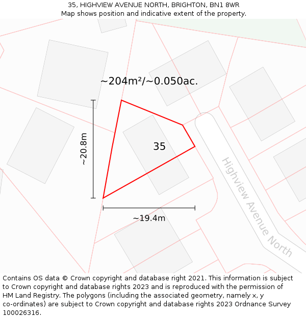 35, HIGHVIEW AVENUE NORTH, BRIGHTON, BN1 8WR: Plot and title map