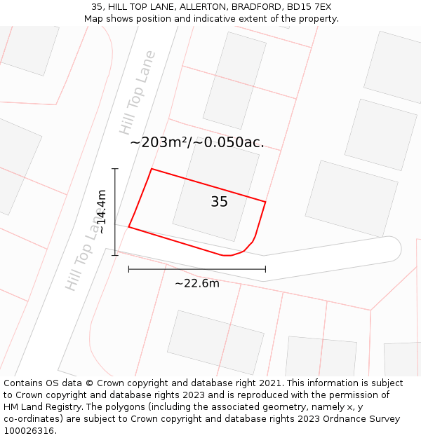 35, HILL TOP LANE, ALLERTON, BRADFORD, BD15 7EX: Plot and title map