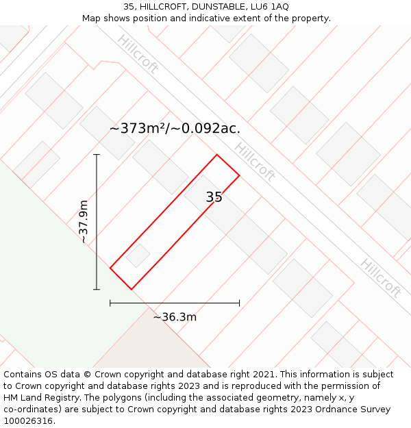 35, HILLCROFT, DUNSTABLE, LU6 1AQ: Plot and title map