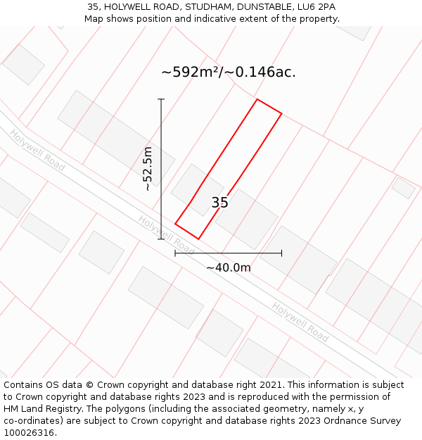 35, HOLYWELL ROAD, STUDHAM, DUNSTABLE, LU6 2PA: Plot and title map
