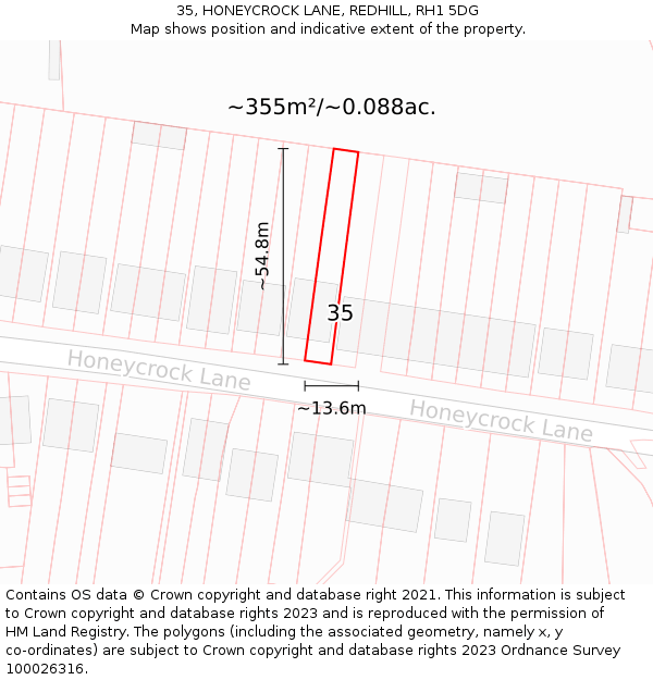 35, HONEYCROCK LANE, REDHILL, RH1 5DG: Plot and title map