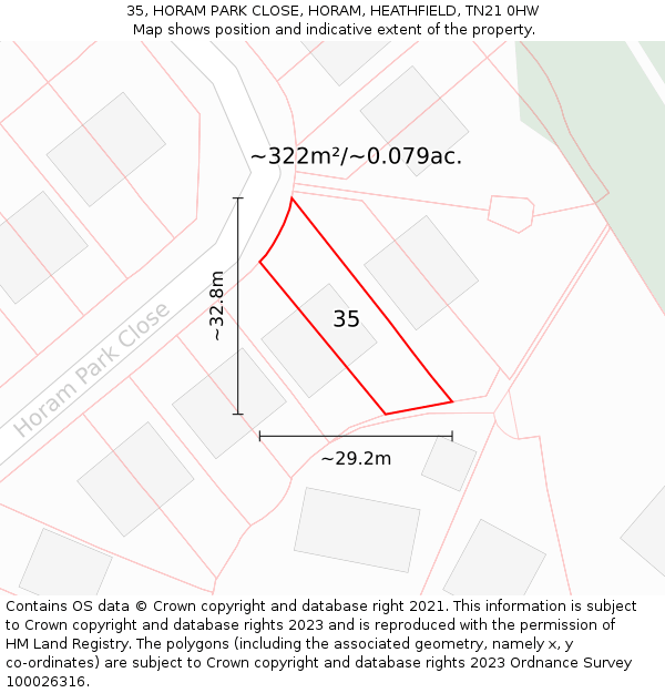 35, HORAM PARK CLOSE, HORAM, HEATHFIELD, TN21 0HW: Plot and title map
