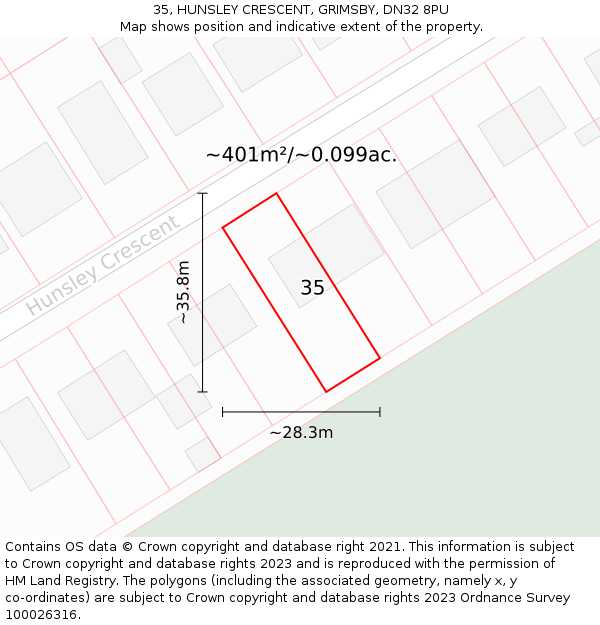 35, HUNSLEY CRESCENT, GRIMSBY, DN32 8PU: Plot and title map