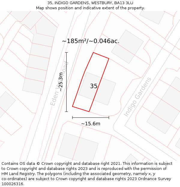 35, INDIGO GARDENS, WESTBURY, BA13 3LU: Plot and title map