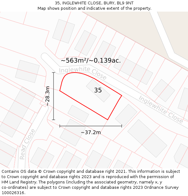 35, INGLEWHITE CLOSE, BURY, BL9 9NT: Plot and title map