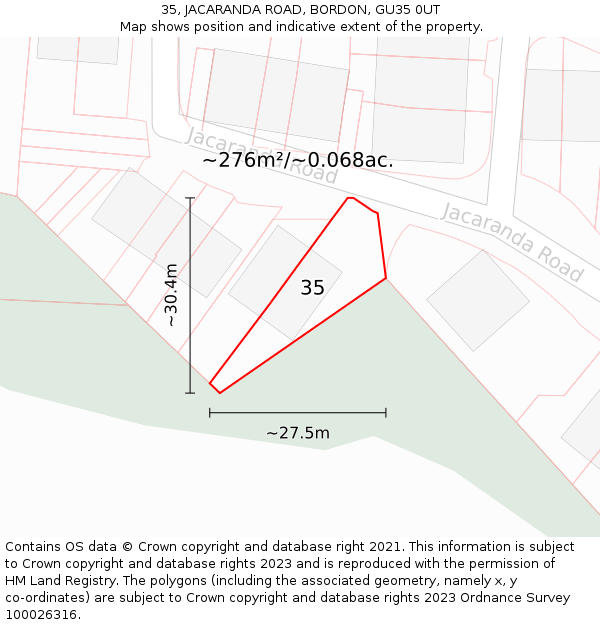 35, JACARANDA ROAD, BORDON, GU35 0UT: Plot and title map