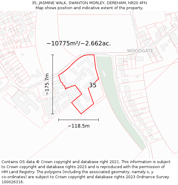 35, JASMINE WALK, SWANTON MORLEY, DEREHAM, NR20 4FN: Plot and title map