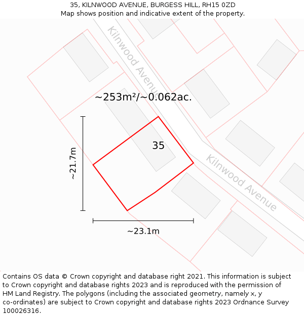 35, KILNWOOD AVENUE, BURGESS HILL, RH15 0ZD: Plot and title map