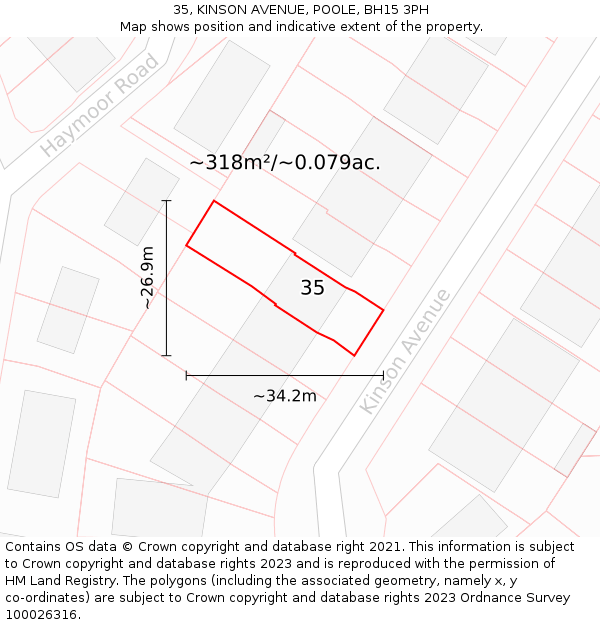 35, KINSON AVENUE, POOLE, BH15 3PH: Plot and title map