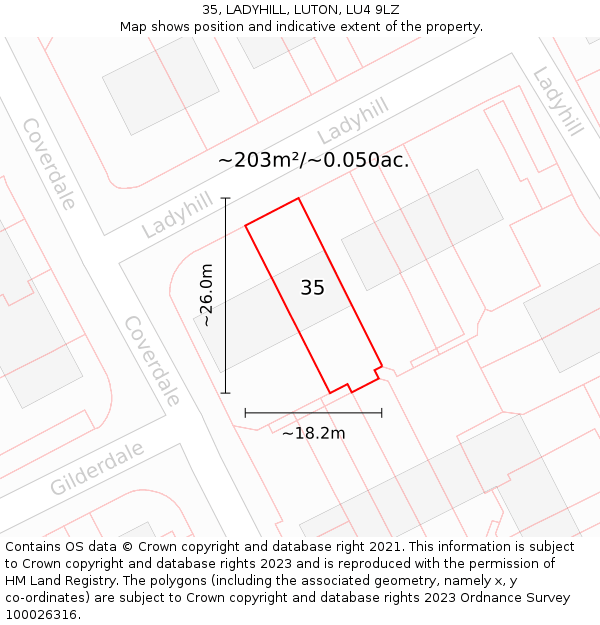 35, LADYHILL, LUTON, LU4 9LZ: Plot and title map