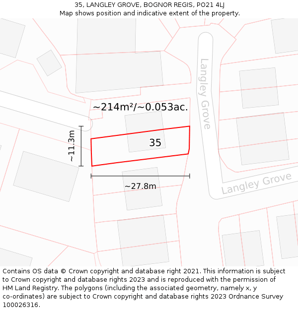 35, LANGLEY GROVE, BOGNOR REGIS, PO21 4LJ: Plot and title map