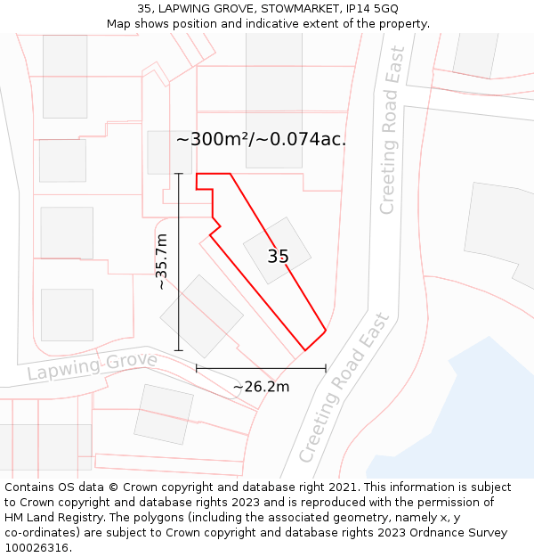 35, LAPWING GROVE, STOWMARKET, IP14 5GQ: Plot and title map