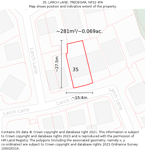 35, LARCH LANE, TREDEGAR, NP22 4FA: Plot and title map