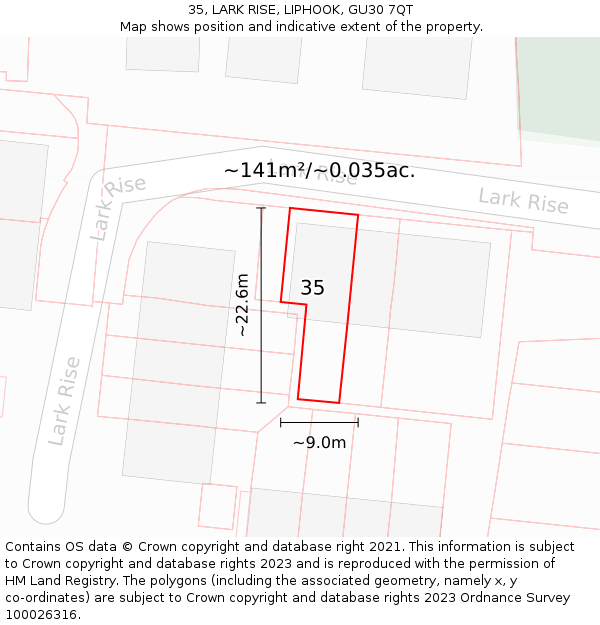 35, LARK RISE, LIPHOOK, GU30 7QT: Plot and title map