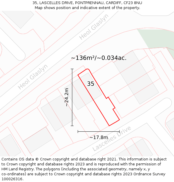 35, LASCELLES DRIVE, PONTPRENNAU, CARDIFF, CF23 8NU: Plot and title map