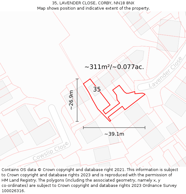 35, LAVENDER CLOSE, CORBY, NN18 8NX: Plot and title map