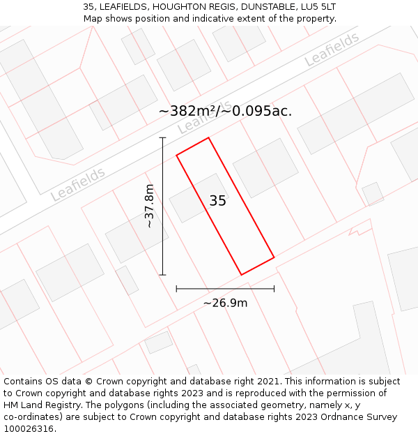 35, LEAFIELDS, HOUGHTON REGIS, DUNSTABLE, LU5 5LT: Plot and title map