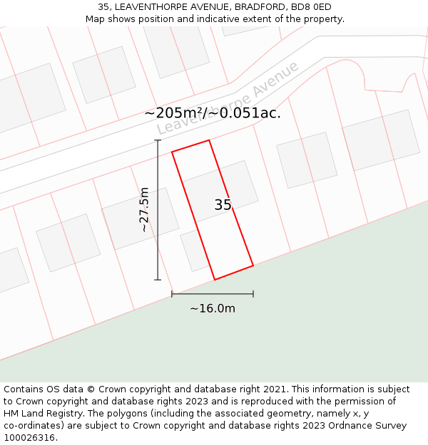 35, LEAVENTHORPE AVENUE, BRADFORD, BD8 0ED: Plot and title map