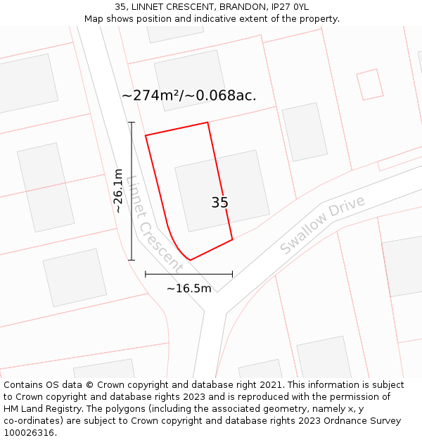 35, LINNET CRESCENT, BRANDON, IP27 0YL: Plot and title map