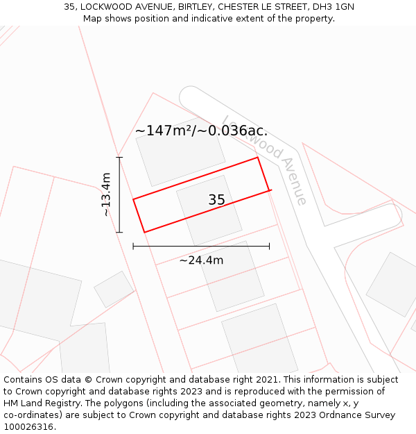 35, LOCKWOOD AVENUE, BIRTLEY, CHESTER LE STREET, DH3 1GN: Plot and title map