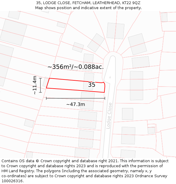 35, LODGE CLOSE, FETCHAM, LEATHERHEAD, KT22 9QZ: Plot and title map