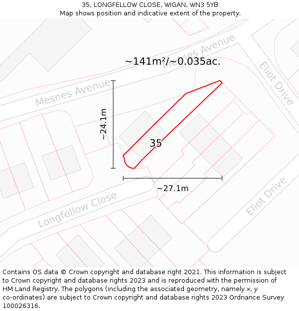 35, LONGFELLOW CLOSE, WIGAN, WN3 5YB: Plot and title map