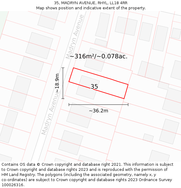 35, MADRYN AVENUE, RHYL, LL18 4RR: Plot and title map