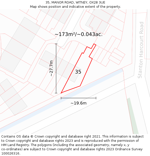 35, MANOR ROAD, WITNEY, OX28 3UE: Plot and title map