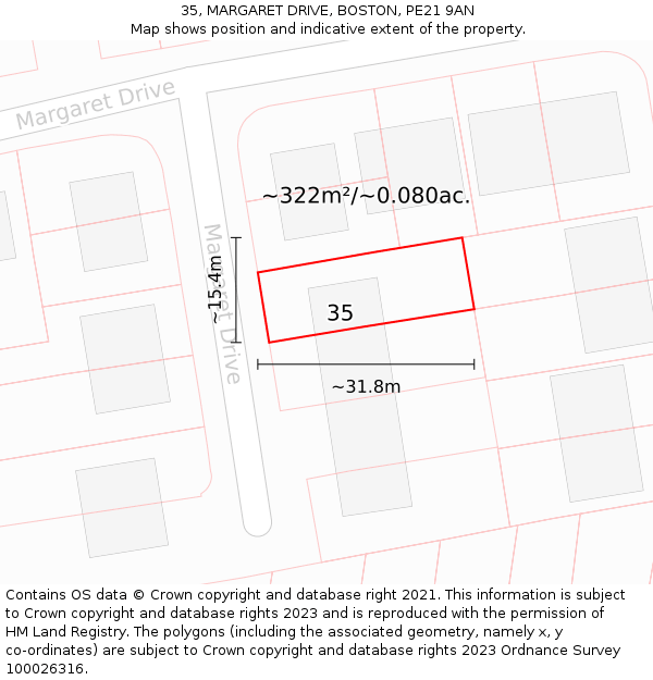 35, MARGARET DRIVE, BOSTON, PE21 9AN: Plot and title map