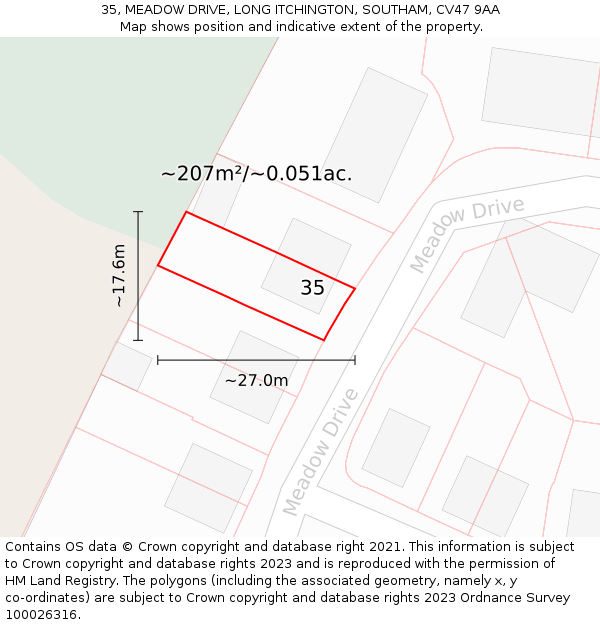 35, MEADOW DRIVE, LONG ITCHINGTON, SOUTHAM, CV47 9AA: Plot and title map