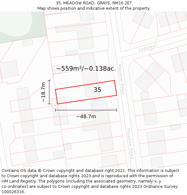 35, MEADOW ROAD, GRAYS, RM16 2ET: Plot and title map