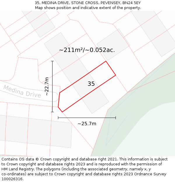 35, MEDINA DRIVE, STONE CROSS, PEVENSEY, BN24 5EY: Plot and title map