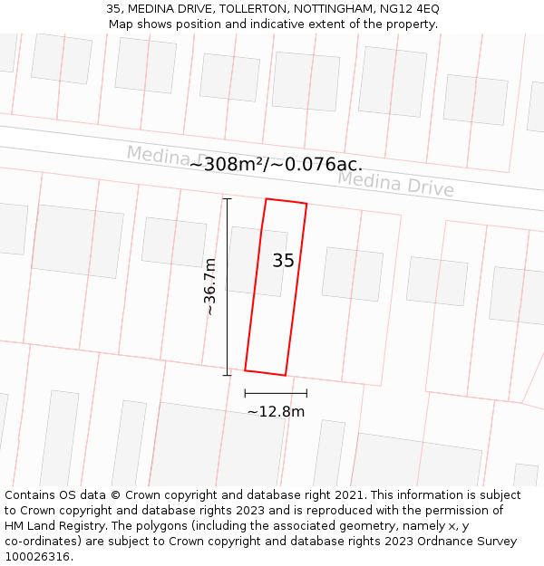 35, MEDINA DRIVE, TOLLERTON, NOTTINGHAM, NG12 4EQ: Plot and title map