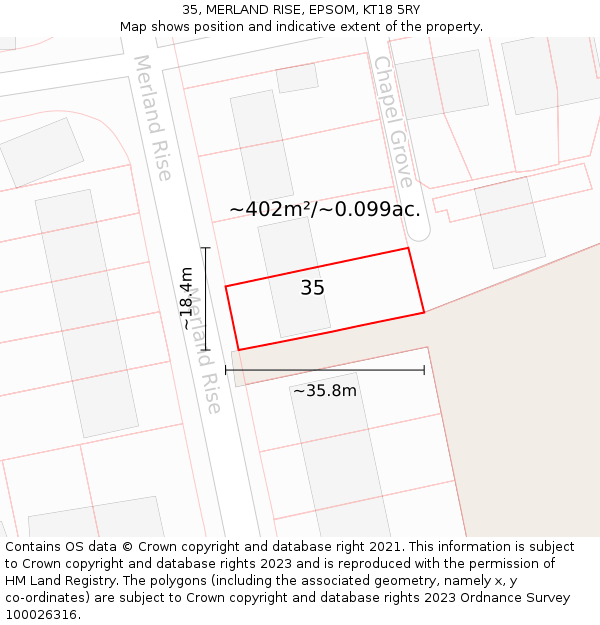 35, MERLAND RISE, EPSOM, KT18 5RY: Plot and title map