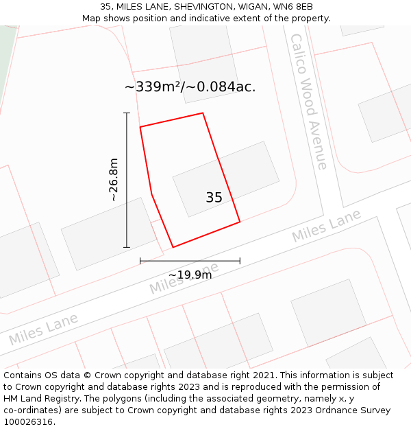 35, MILES LANE, SHEVINGTON, WIGAN, WN6 8EB: Plot and title map