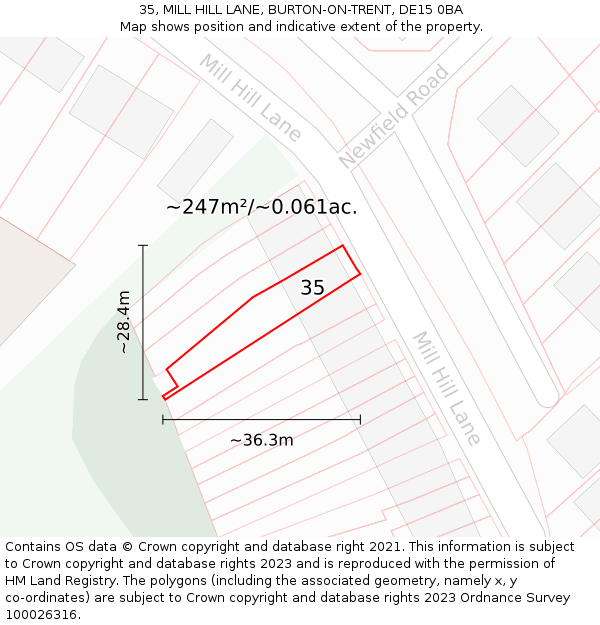 35, MILL HILL LANE, BURTON-ON-TRENT, DE15 0BA: Plot and title map