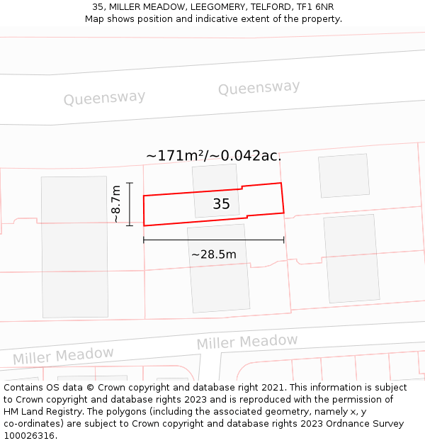 35, MILLER MEADOW, LEEGOMERY, TELFORD, TF1 6NR: Plot and title map