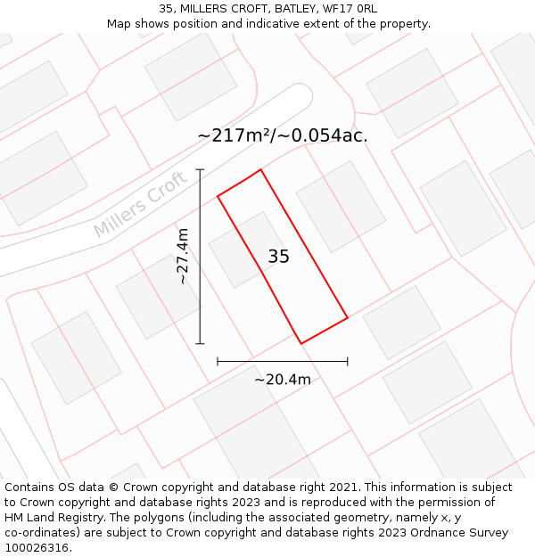 35, MILLERS CROFT, BATLEY, WF17 0RL: Plot and title map