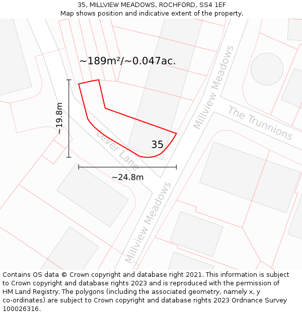 35, MILLVIEW MEADOWS, ROCHFORD, SS4 1EF: Plot and title map