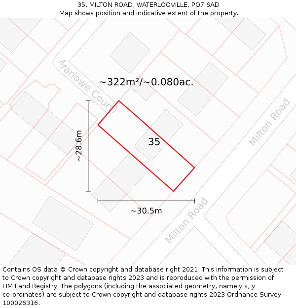 35, MILTON ROAD, WATERLOOVILLE, PO7 6AD: Plot and title map