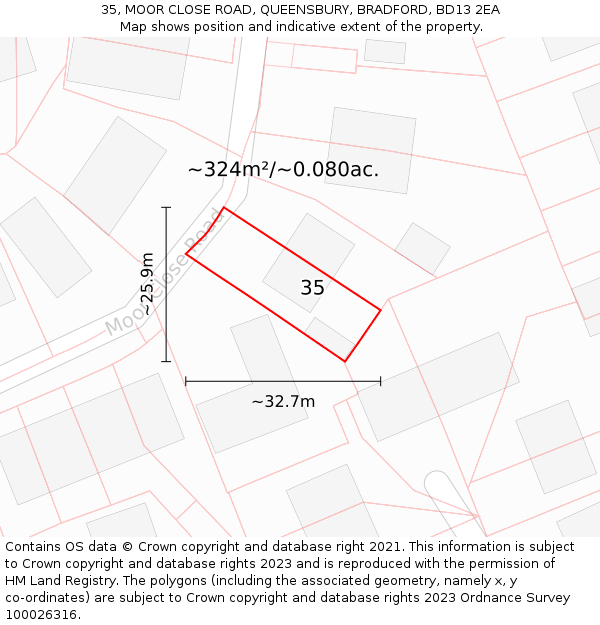 35, MOOR CLOSE ROAD, QUEENSBURY, BRADFORD, BD13 2EA: Plot and title map