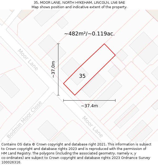 35, MOOR LANE, NORTH HYKEHAM, LINCOLN, LN6 9AE: Plot and title map