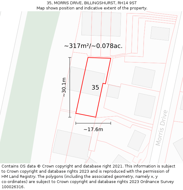 35, MORRIS DRIVE, BILLINGSHURST, RH14 9ST: Plot and title map