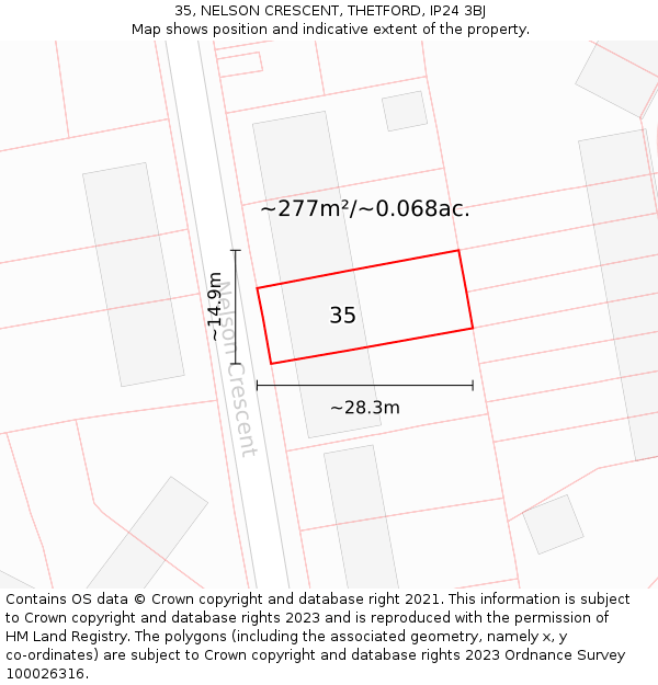 35, NELSON CRESCENT, THETFORD, IP24 3BJ: Plot and title map