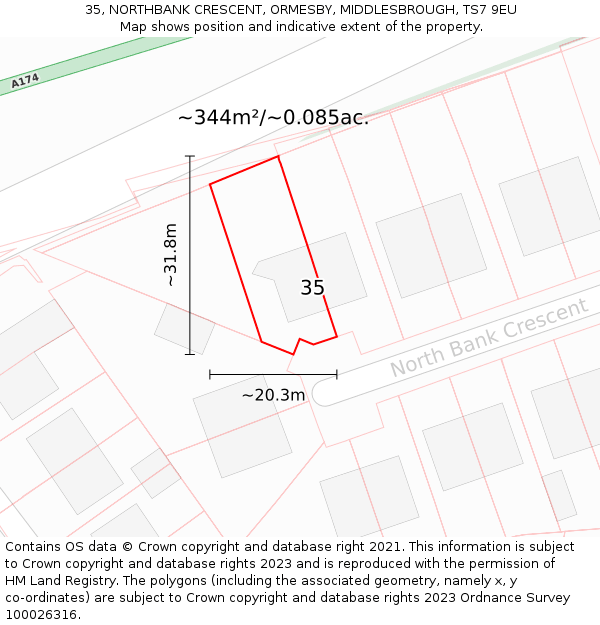 35, NORTHBANK CRESCENT, ORMESBY, MIDDLESBROUGH, TS7 9EU: Plot and title map