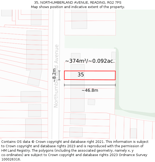 35, NORTHUMBERLAND AVENUE, READING, RG2 7PS: Plot and title map