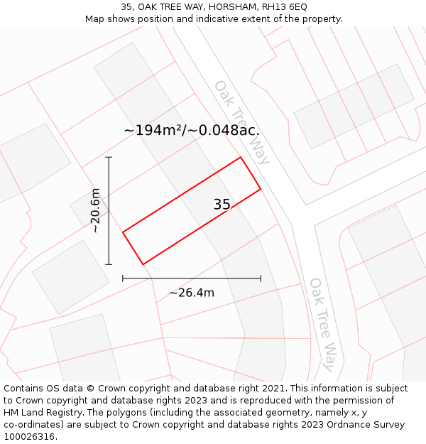 35, OAK TREE WAY, HORSHAM, RH13 6EQ: Plot and title map