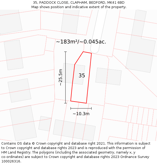 35, PADDOCK CLOSE, CLAPHAM, BEDFORD, MK41 6BD: Plot and title map