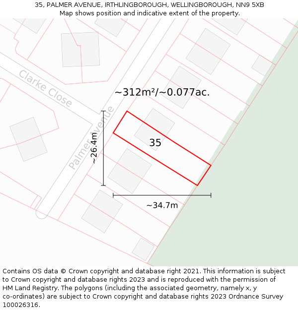 35, PALMER AVENUE, IRTHLINGBOROUGH, WELLINGBOROUGH, NN9 5XB: Plot and title map